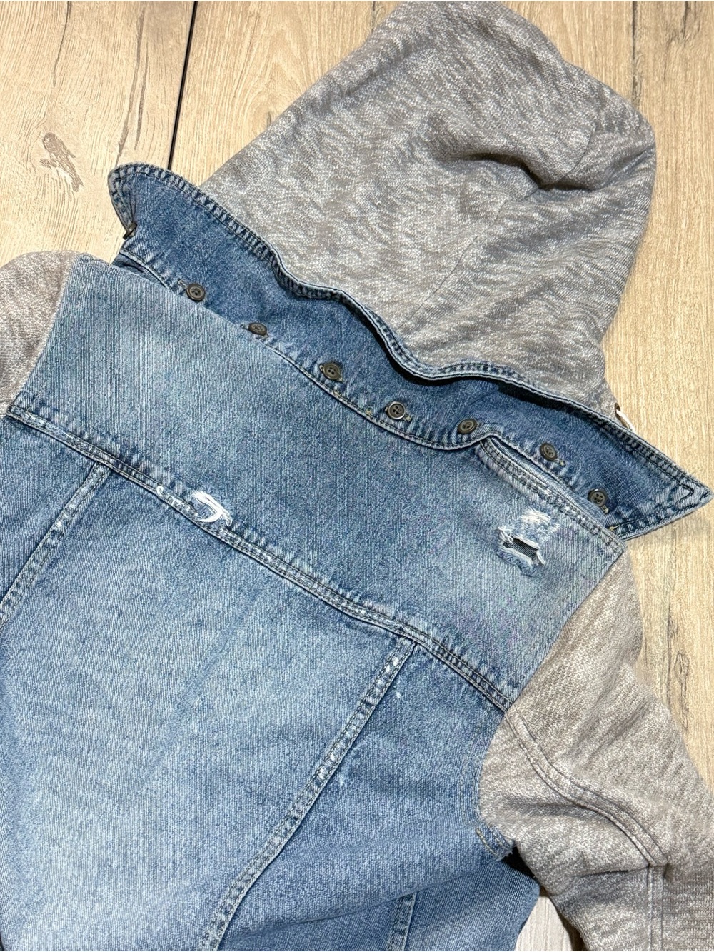 Free People Denim Hoodie Jacket M Distressed Knit Sleeve Jacket - Picture 9 of 16